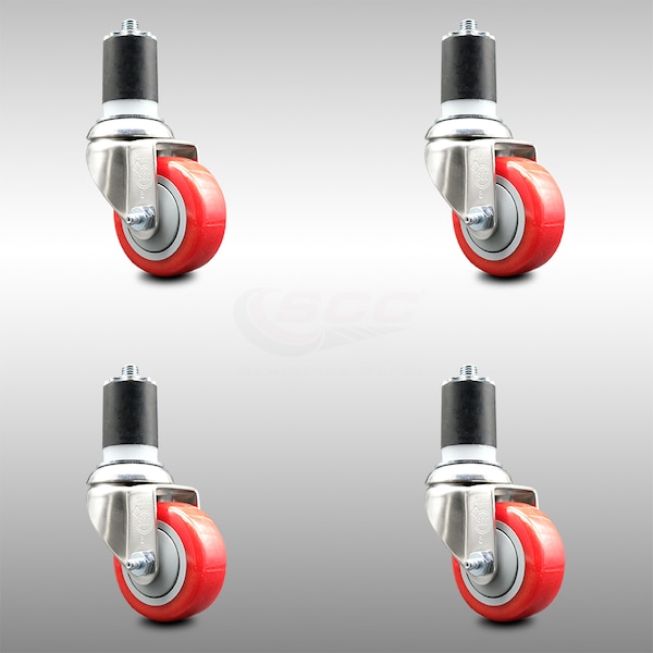 Service Caster 3 Inch 316SS Red Polyurethane Swivel 1-7/8 Inch Expanding Stem Caster Set SCC SCC-SS316EX20S314-PPUB-RED-178-4 - main